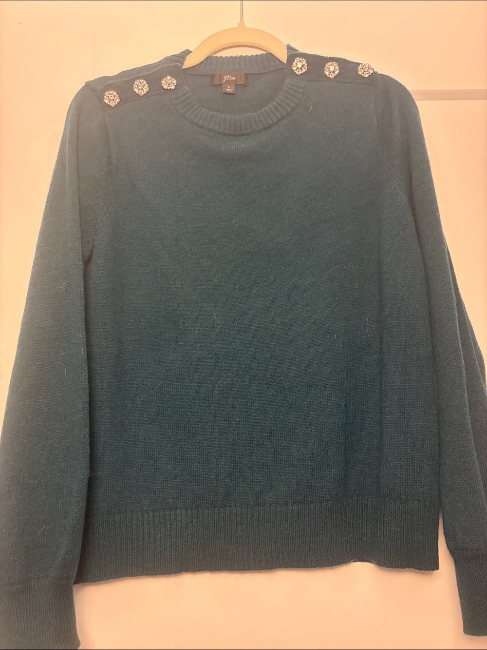 J. Crew green Crewneck Sweater with Jeweled Shoulder